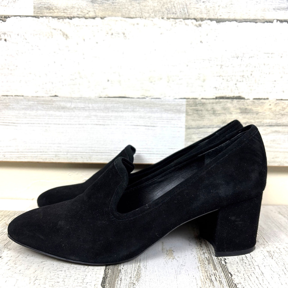 Ralph Lauren Womens 8.5 Black Suede Block Heel Loafers Slip On Work Shoes